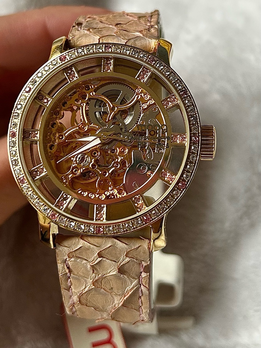 Moog chameleon skeleton watch with python band (beige/pink)
